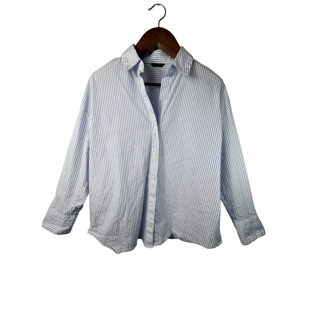 Zara Womens Button Down Blue White Striped Lurex Oversized Shirt M